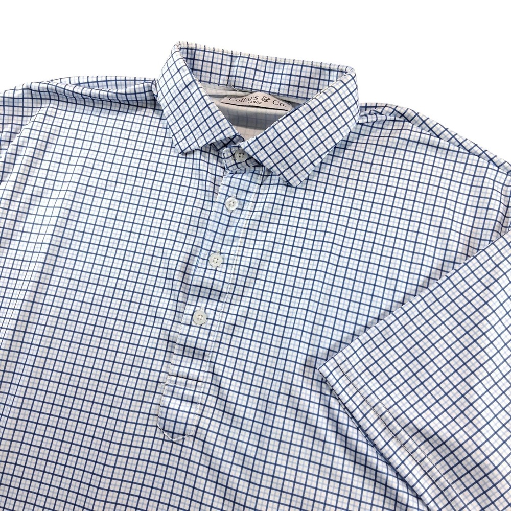 Collars & Co. Polo Mens Large Blue Check Dress Collar Performance Stretch